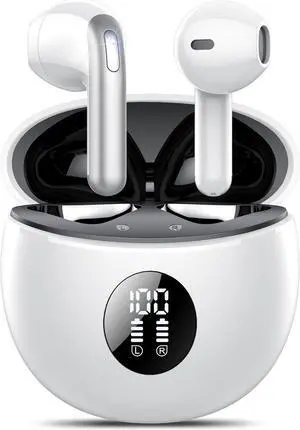 Wireless Earbuds, Bluetooth Headphones 5.4, 50H Playtime LED Display Deep Bass Ear Buds with 4 ENC Noise Cancelling Mic, IP7 Waterproof in-Ear Earphones for Phone Tablet Laptop Sports, White Black