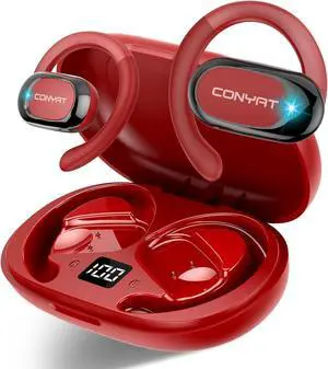 Open Ear Headphones, Wireless Bluetooth 5.4 Earbuds with Big Earhooks, Ultra-Comfort Open Ear Earbuds, 58 Hours HD Stereo Sound Over Ear Earphones, IP7 Waterproof Headset for Workouts, Red