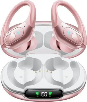 Active Noise Cancelling Ear Buds Bluetooth Headphones Wireless Earbuds 90Hrs Playback Stereo Bass Earphones with Over-Ear Hooks IPX7 Waterproof Earbud for Sports Running Gym Workout Rose Gold