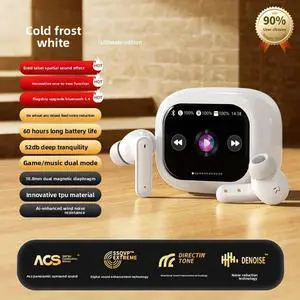 Wireless Bluetooth Headphones, 5.4 Bluetooth Earbuds with LCD Touch Screen Noise-Cancelling Headphones, Ultra-Long Battery Life, Touch Screen Control, high-Definition Call Microphone (White)