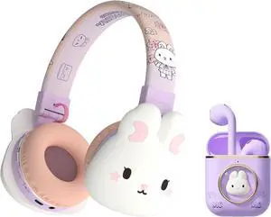 Kids Bluetooth Headphones, Wireless Earbuds Cartoon Over-Ear with Rabbit Design, Built-in Mic, Volume Limited, Comfortable & Foldable, for Children & Adults/School/iPad/Tablet/Airplane (Purple)