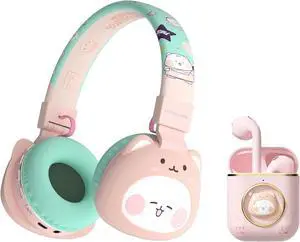 Kids Bluetooth Headphones,Wireless Earbuds Cartoon, Over-Ear with Cute Cat Design, Built-in Mic, Volume Limited, Comfortable & Foldable, for Children & Adults/School/iPad/Tablet/Airplane (Pink)