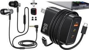 3.5mm Wired Earphone 5.9FT Jack Wired Earbuds USB C Laptop Charger 65W Fast Charging 3-Port for Lightning USB-C USB-A Power Adapter for Lenovo for HP Chromebook for iPhone 16 Samsung Z Back to School