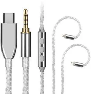 3.5Mm/Type-C 8 Core Silver Plated Earphone Upgrade Cable Wire 2Pin 0.78Mm Plug Headphone Cable with Microphone +/- Volume Button