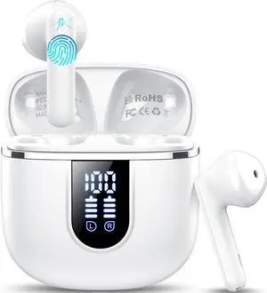 Wireless Earbuds with Bluetooth 5.4, Smart Touch Control, 40 Hours Battery Life, LED Display, Type-C Charging, White