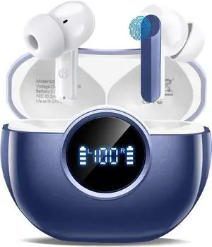 Wireless Earbuds with Smart Touch Control, 48H Battery Life, Digital Power Display, Fast Charging, Blue