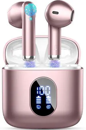 Wireless Earbuds with Bluetooth 5.4, 30H Battery, Type-C Fast Charging, Smart Touch Controls, LED Display, Rose Gold