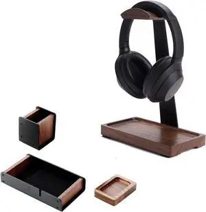 Black Walnut Headphone Stand with Desk Draw and Pen Holder