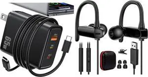 USB C Laptop Charger 65W Fast Charging Over-Ear Headphone Hook 2.5M 8.2FT Computer Headset Mute Mic USB A Earphone in-Ear Noise Cancel Wired Earbuds for MacBook for Chromebook Notebook for Teams