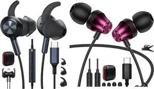 2 Pack Wired Earbuds USB Type C Headphone Anti-Loose Wingtip Noise Canceling In-Ear Earphone with Mic for iPhone 16e 16 Pro 15 Plus School Corded Headset for iPad Samsung A16 S25 Edge S24 Google Pixel