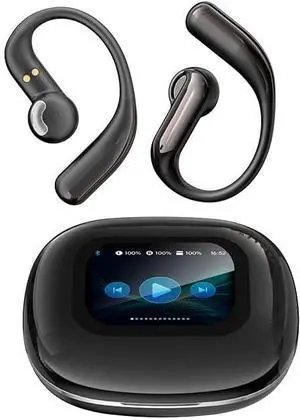 Wireless Bluetooth Earbuds with Full-Color Touchscreen Display, Open Ear Headphones, Built-in Mic, Secure Ear Hook for Sports