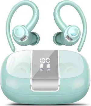 Wireless Earbuds Bluetooth 5.3 Headphones Sports, 48Hrs Playtime Bluetooth Earbuds with CVC 8.0 Mic, Stereo Bass Over Ear Bud with Earhooks, LED Display, IP7 Waterproof Earphon for Running Misty Blue