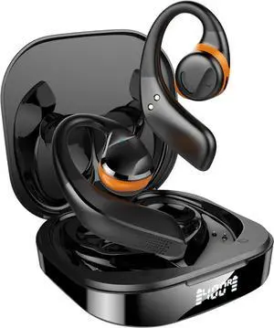 Running Earbuds Comfort Fit Open-Ear Headphones Bluetooth Wireless Waterproof 360° HiFi Stereo Touch Control 48H Playback Time with Charging Case Sweat-Resistant for Office, Black