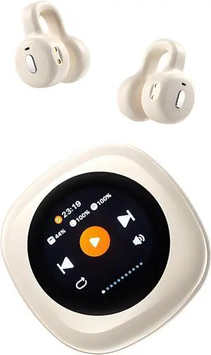 Echopals Ear Clip Wireless Earbuds, Multi-Functional Touch Screen Display, 13mm Speakers with Dynamic Sound, 4Hr Single Play and 20Hr with Case, TF Card Support Local Music Play (Beige)