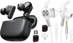 TOPAUX True Wireless Earbuds HiFi Bass Bluetooth 5.4 Headset 3.5mm Wired Earbuds Secure Wingtip Noise Canceling in-Ear Headphone with Mic for Steam Deck Chromebook PC Computer Corded Jack Earphone