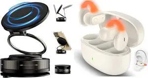 Wireless Earbuds Open Ear Clip On Bluetooth Headset Bass Stereo Over Ear Arc Sports Earphone LED Cordless In-Ear Game Headphone for MagSafe Car Mount 360° Rotation Magnetic Adjustable Dashboard Windsh