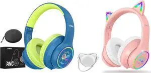 LOBKIN Active Noise Cancelling Headphones for Kids,Bluetooth 5.4,Kids Headphones Wireless with Mic 50H Playtime AUX Cord Safe Volume Limited Foldable for Boy Girl Travel/School/iPad(with LED Lights)