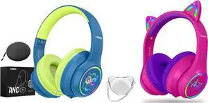 LOBKIN Active Noise Cancelling Headphones for Kids,Bluetooth 5.4,Kids Headphones Wireless with Mic 50H Playtime AUX Cord Safe Volume Limited Foldable for Boy Girl Travel/School/iPad(with LED Lights)