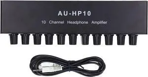 10 Channel Stereo Headphone Amplifier, 1 Input 10 Output Audio Splitter, Independent Volume Control, DC 12V Power Supply, Aluminum Alloy Material, for Studios, Stages, Recording