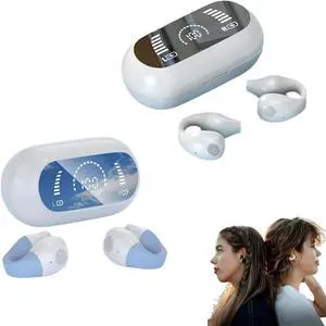 Woolcar Ear Clip Headphones, Wireless Ear Clip Bone Conduction Headphones with LED Digital Display, Waterproof Lightweight Comfort 5.2 Bluetooth Earbuds for Running Workout for iPhone (White+Blue)