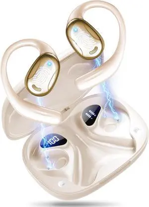Wireless Earbuds, Bluetooth 6.0 Headphones with Big Bass Stereo Sound, 75H Playtime Over-Ear Buds with Earhooks, LED Power Display IPX7 Waterproof Earphones for Workout/Running, Champagne