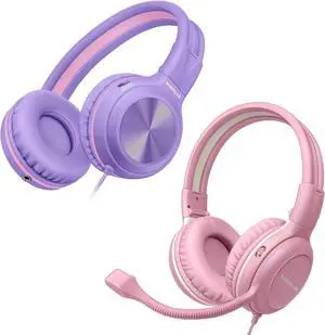 SIMOLIO Over Ear Headphones Wired Kids with Microphone for School & Meeting & Gaming, 3 Levels Hearing Protection Headphones for Boys, Girls, Children, Teens, Stereo Durable Headsets for iPad, PC