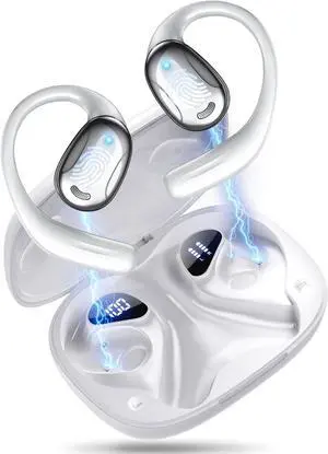 Wireless Earbuds, Bluetooth 6.0 Headphones with Big Bass Stereo Sound, 75H Playtime Over-Ear Buds with Earhooks, LED Power Display IPX7 Waterproof Earphones for Workout/Running, White