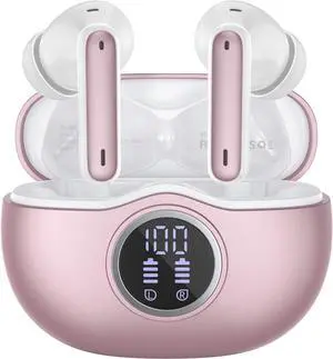 Wireless Earbuds Bluetooth 5.3 Headphones 40 Hrs Playtime with LED Display, Deep Bass Stereo and Noise Cancelling Bluetooth Ear Buds IP7 Waterproof Wireless Earphones for iPhone Android, Rose