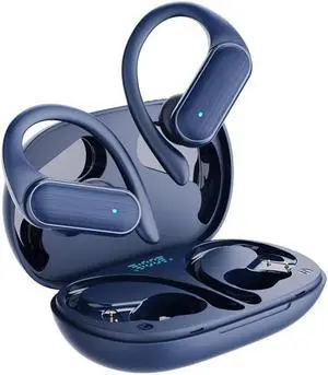 Wireless Earbuds with Ear Hooks Bluetooth Headphones with Earhook,ENC Noise Cancelling Mic,60Hrs Playtime,IPX7 Waterproof,9D Stereo Sound,Power Display,Bass in Ear Earphones for Running Workout,Blue