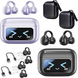 M100 Clip on Ear Headphones, Open Ear Clip Bluetooth Headphones Wireless Earbuds with LCD Full Color Touch Screen for Music & Phone Calls, Sport Waterproof & Sweatproof (Black+Purple)