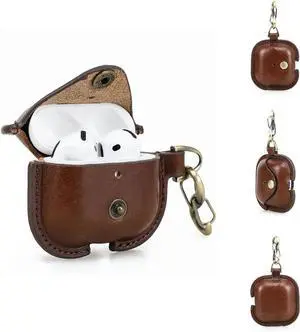 Genuine Leather Case for AirPods 4 with Keychain Hook, Portable Wireless Bluetooth Earphone Protective Case Cover Compatible with AirPods 4th Generation Case, Support Wireless Charging Coffee