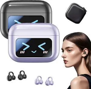 M100 Clip On Ear Headphones, Co2 Clip Earbuds, Audio Wireless Headphones for Music & Phone Calls, Slim Hook Design, Waterproof & Comfortable, Smart Touch Control (Black&Purple)