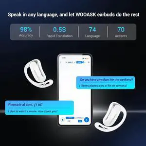 Wooask AI Translation Earbuds Real Time, 144 Language Translator Earbuds Open Ear Design 3-in-1 AI Translation Earbuds Real Time F56 White (with Offline Package (Lifetime Free))