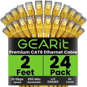 GearIT Cat 6 Ethernet Cable (24-Pack 2 Feet) Cat6 Network Patch, 10Gbps, RJ45, Snagless Cord, Gold-Plated Connectors, Internet for PC, TV, Tablet, Router, Printer, Servers, IT Data Center - Yellow