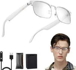 AI Translator Glasses, Language Translator Device with Anti Blue Light Lenses Supports 135 Languages, Built in Mic and Speakers, Open Ear Music and HD Calling, AI Smart Glasses for Men/Women (White)