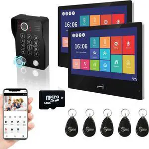 Wired Video Door Phone Apartment Intercom System,WiFi 10 Inch Touch Screen Monitor with 1080P HD Doorbell Camera,5 in 1 Unlcking,Motion Detecting Tuya for Home Villa,64G (1 Black+2 Black)
