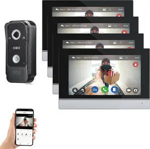 Wired Video Intercom System Tuya WiFi 7 Inch Touch Screen 1080P Doorbell Intelligent Tuya APP Video Intercom Kit with 3 in 1 Unlock Motion Detection,Anti-Tamper Alarm (1 Doorbell+4 Monitor)