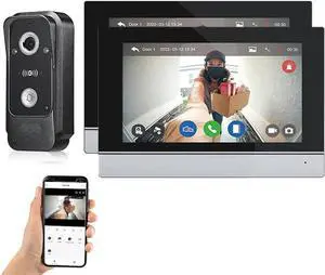 Wired Video Intercom System Tuya WiFi 7 Inch Touch Screen 1080P Doorbell Intelligent Tuya APP Video Intercom Kit with 3 in 1 Unlock Motion Detection,Anti-Tamper Alarm (1 Doorbell+2 Monitor)