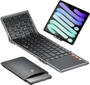 ProtoArc Foldable Keyboard with Touchpad, XK01 TP Folding Portable Keyboard, Full Size Keys, Large Trackpad Bluetooth Travel Keyboards for Laptop PC Tablet - Black Gray