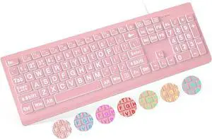 SABLUTE Large Print Backlit Keyboard, Wired USB Lighted Computer Keyboards with 7-Color & 4 Modes Backlit, Oversize Letters Keys Easy to See and Type, Quiet Keyboard Compatible for PC, Laptop -Pink
