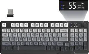 FREEWOLF M96 Wireless Gaming Keyboard Creamy Membrane with Rainbow Backlight,Media Knob,LCD Screen,Dual Mode-Bluetooth/2.4Ghz,Ball Shape PBT Keycap 94 Key ANSI Layout for Win Mac PC Gamer(Moonlight)