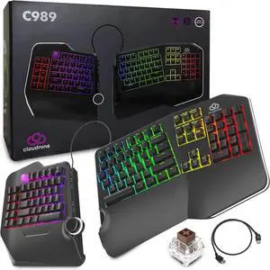 Cloud Nine C989M Ergonomic Mechanical Keyboard for PC - Kailh Tactile Brown Switches - RGB Light Up LED Backlit with USB - Ergo Split Key Board with Macro