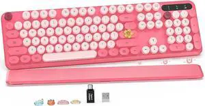 Wireless Keyboard, Round Keycaps, Retro Typewriter Keyboard with Detachable Wrist Rest, Sleep Mode, Foldable Legs, 2.4GHz Full-size Cordless Computer Keyboard for Windows/PC/Laptop (Colorful-Pink)