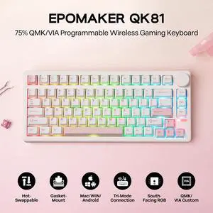 EPOMAKER QK81 75% Wireless Mechanical Gaming Keyboard, QMK/VIA Programmable and Hot-Swappable, 81 Keys with Metal Knob, 2.4Ghz/BT/USB, Creamy Gasket-Mount, RGB Backlight (White, Flamingo Switch)