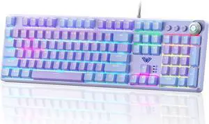 AULA Keyboard, F2088 Pro 108 Keys Purple Mechanical Red Switches Keyboard with RGB Rainbow Backlit, Removable Upper Cover,Aesthetic Media Control Knob Programmable USB Wired Keyboards for MAC PC Gamer