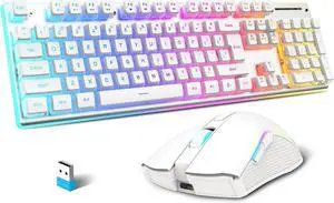 Wireless Gaming Keyboard and Mouse Combo,Translucent Pudding Keycap,3650mAh Rechargeable Battery,RGB Ergonomic Mechanical Feel Keyboard,4800 DPi Rainbow Led Mute Mouse 2.4G USB for PC/Mac(White)