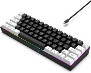 60% Wired Gaming Keyboard, RGB Backlit Ultra Compact Mini Keyboard, Waterproof Mini Compact 61-Key for PC/Mac Gamers, Typist, Travel, Easy Travel (Black & White)