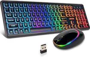 Wireless Keyboard and Mouse Combo, RGB LED Backlit Rechargeable Gaming Keyboard Mouse, Full Size Ergonomic, Sleep Mode, 2.4Ghz Wireless Silent Keyboard Mouse Compatible with Mac Windows Laptop PC