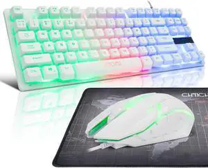 CHONCHOW 87 Keys TKL Wired Gaming Keyboard, Rainbow Led Backlight, White Keyboard and Mouse 3200DPI Combo Compatible with PC Laptop Ps4 Ps5 Xbox Gamer