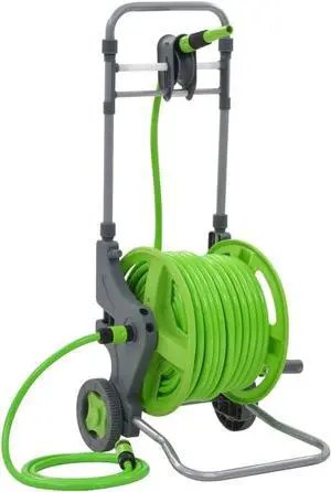 vidaXL Portable Garden Hose Reel Cart with Wheels, Connector, and Spray Nozzle - 174.6 ft Water Hose, Green PVC Material, Powder-Coated Steel Housing